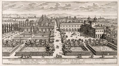 Perspektiv av trädgårdarna i Villa Medici i Rom, gravyr från Li Giardni (Trädgårdarna) av Giovanni Battista Falda (1640 eller 1643-1678) av Giovanni Battista Falda