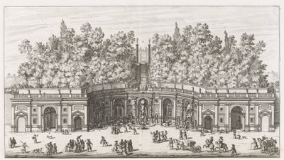 Teatro delle Acque i trädgården av Villa Aldobrandini te Frascati Utsikt och höjd över det stora Teatro dell