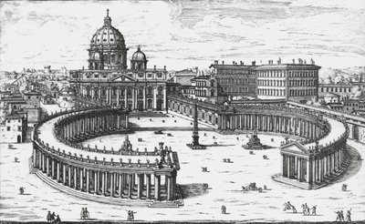 Vatikanstaten, utsikt över Piazza San Pietro med Peterskyrkan och Vatikanpalatsen, gravyr av Giovanni Battista Falda. 1665 av Giovanni Battista Falda