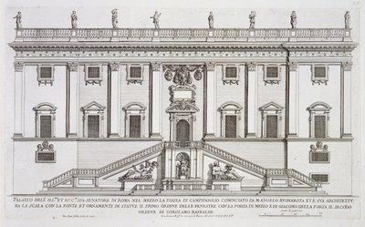 Vy över fasaden av Palazzo Senatorio på Piazza del Campidoglio, Rom, påbörjad av Michelangelo Buonarroti (1475-1564) och färdigställd av Girolamo Rainaldi (1570-1655) av Giovanni Battista Falda