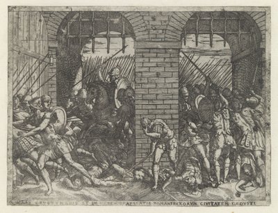 Romeinse soldaten vallen Crustumerium binnen Offret för Crustumeni (...) berövats sitt medborgarskap (titel på föremål) Leven van Romulus en Remus (serietitel) av Giovanni Battista Fontana