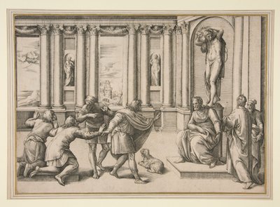 Man som sitter under en staty av Bacchus och tar emot en publik av Giovanni Battista Franco (called Il Semolei)