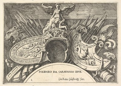 Plåt 1: troféer av romerska vapen från dekorationer ovanför fönstren på andra våningen ..., 1656-58. av Giovanni Battista Galestruzzi