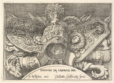 Plåt 3: troféer av romerska vapen från dekorationer ovanför fönstren på andra våningen av ..., 1656. av Giovanni Battista Galestruzzi