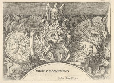 Plåt 4: troféer av romerska vapen från dekorationer ovanför fönstren på andra våningen ..., 1656-58. av Giovanni Battista Galestruzzi