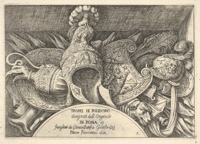 Plåt 5: troféer av romerska vapen från dekorationer ovanför fönstren på andra våningen av ..., 1658. av Giovanni Battista Galestruzzi