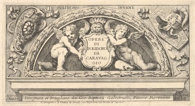 Titelskylt till serie av tryck efter Poloidoro, titel på en sköld uppburen av två putti, 1658. av Giovanni Battista Galestruzzi