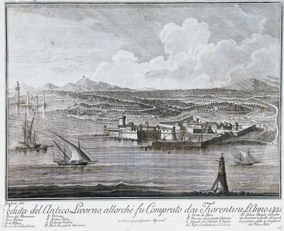 Utsikt över Livornos hamn när den köptes av florentinare 1421, gravyr från samlingen av bästa utsikten över staden och hamnen i Livorno av Giovanni Battista Guerazzi