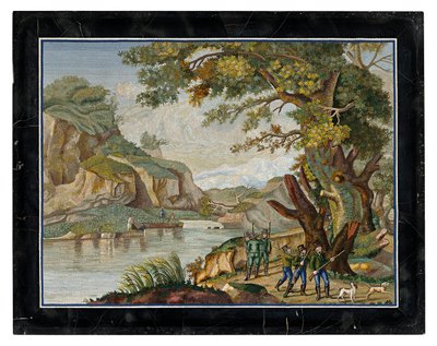 En italiensk mikromosaikbild av en skjutningsfest i ett flodlandskap av Giovanni Battista Luchini