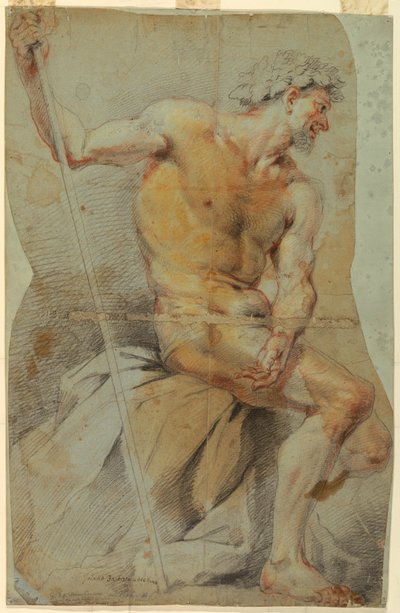 Teckning, studie av en naken äldre man, Bacchus eller någon av hans följeslagare, 1660-70 av Giovanni Battista Merano