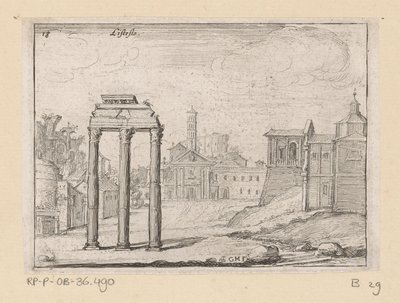Utsikt över Forum Romanum i Rom Listesso (titel på objekt) Utsikt över Rom (serietitel) Alcune vedute et prospettive di luoghi dishabitati di Roma (serietitel) av Giovanni Battista Mercati