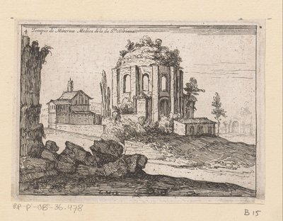 Resten van de Tempel van Minerva Medica i ett landskap Temple of Minerva Medica di la da S.ta Bibiana (titel på objekt) Gezichten op Rome (serietitel) Några vyer och perspektiv på obebodda platser i Rom (serietitel) av Giovanni Battista Mercati