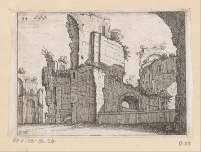 Rester av Caracalla-baden i Rom Listesso (titel på objekt) Utsikt över Rom (serietitel) Alcune vedute et prospettive di luoghi dishabitati di Roma (serietitel) av Giovanni Battista Mercati