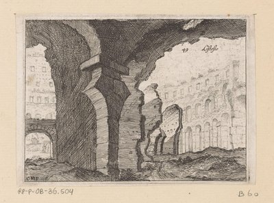 Rester av Colosseum i Rom Listesso (titel på objekt) Utsikt över Rom (serietitel) Alcune vedute et prospettive di luoghi dishabitati di Roma (serietitel) av Giovanni Battista Mercati