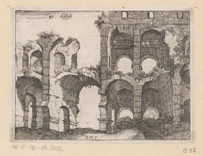 Rester av Colosseum i Rom Listesso (titel på objekt) Utsikt över Rom (serietitel) Alcune vedute et prospettive di luoghi dishabitati di Roma (serietitel) av Giovanni Battista Mercati