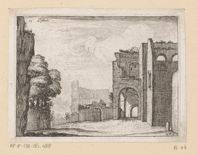 Ruiner vid Colosseum i Rom Listesso (titel på objekt) Utsikt över Rom (serietitel) Alcune vedute et prospettive di luoghi dishabitati di Roma (serietitel) av Giovanni Battista Mercati
