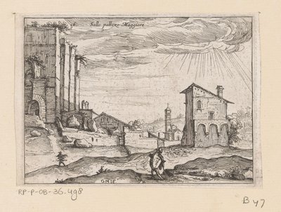 Ruinerna av Palazzo Maggiore i Rom och byggnader i närheten Sallo pallazo Maggiore (titel på objekt) Utsikt över Rom (serietitel) Alcune vedute et prospettive di luoghi dishabitati di Roma (serietitel) av Giovanni Battista Mercati