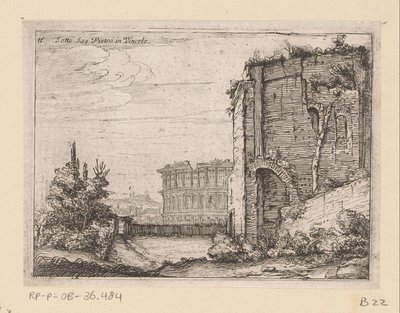 Ruinerna av antik byggnad och Colosseum i Rom Sotto San Pietro in Vincolo (titel på objekt) Utsikt över Rom (serietitel) Alcune vedute et prospettive di luoghi dishabitati di Roma (serietitel) av Giovanni Battista Mercati