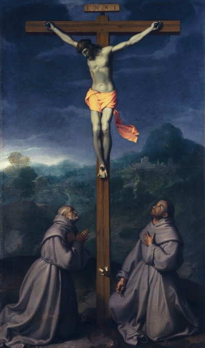 Korsfästelse med heliga Bernardino och Antonius av Padua, av Giovanni Battista Moroni (1525 ca- 1578), olja på duk, 226x133 cm, San Giuliano-kyrkan, Albino av Giovanni Battista Moroni