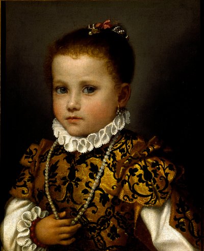 Porträtt av en liten flicka En liten flicka rikt klädd i en brokadklänning, hon bär ett pärlhalsband och en jordgubbskrage. Målning av Giovan Battista Moroni (cirka 1529-1578) av Giovanni Battista Moroni