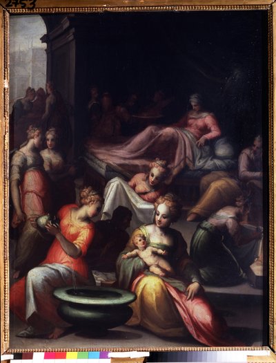 Johannes döparens födelse (Johannes döparens födelse). Målning av Giovanni Battista Naldini (1537-1591). Olja på duk. Sol: 89x74cm. Florentinsk manérism konst. Pushkin-museet, Moskva. av Giovanni Battista Naldini