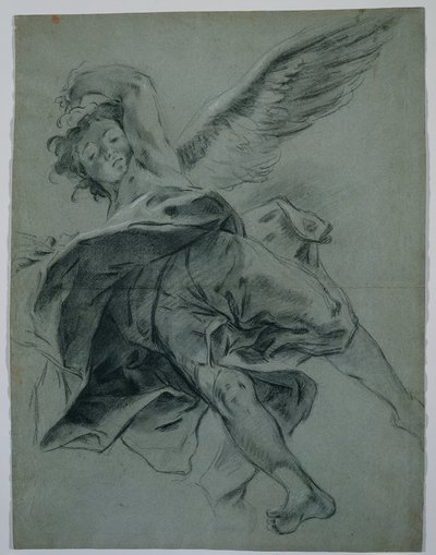 En flygande ängel (recto); Studier av händer som spelar instrument (verso) av Giovanni Battista Piazzetta