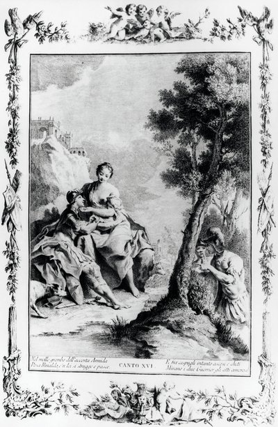 Armida och Rinaldo sett av korsfararna Carlo och Ubaldo, canto XVI, Jerusalem levererad av Giovanni Battista Piazzetta