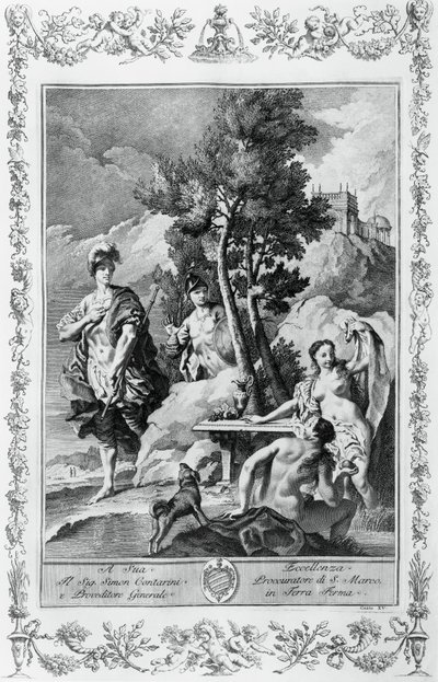 Carlo och Ubaldo i Happy Islands, gravyr, av Giovanni Battista Piazzetta (1683-1754) för Canto XV av Jerusalem Levererad, av Torquato Tasso (1544-1595), Giovanni Battista Albrizzi-upplagan, Venedig, Italien av Giovanni Battista Piazzetta