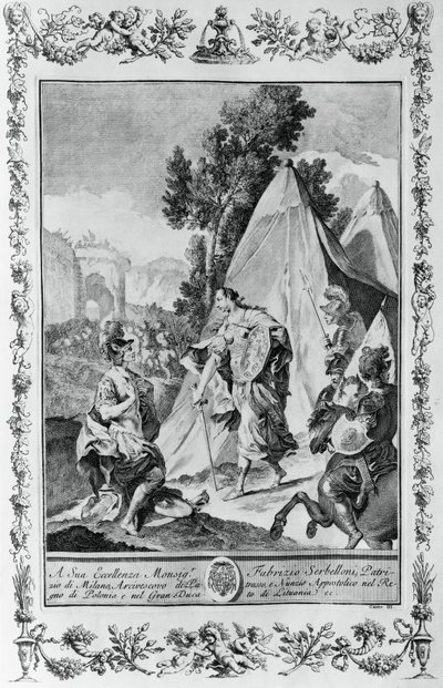 Korsfarare vid belägringen av Jerusalem, gravyr, av Giovanni Battista Piazzetta (1683-1754) för Canto III av Jerusalem levererad, av Torquato Tasso (1544-1595), utgiven av Giovanni Battista Albrizzi, Venedig, Italien av Giovanni Battista Piazzetta
