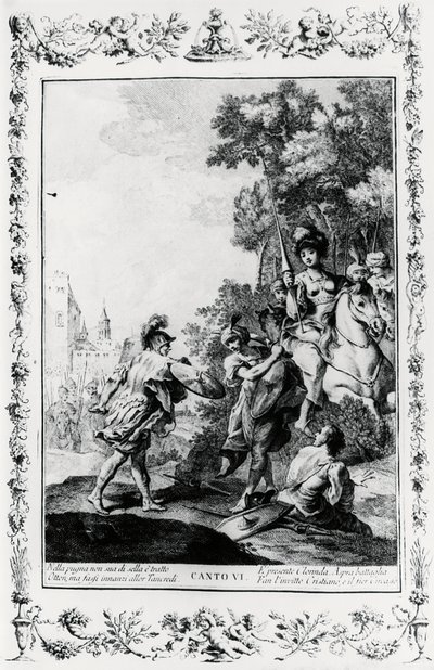 Duell mellan Ottone och Tancredi i närvaro av Clorinda, canto VI, Jerusalem levererad av Giovanni Battista Piazzetta