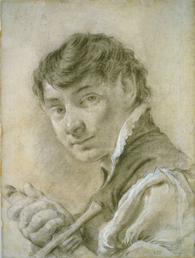 Porträtt av en ung man som håller i ett svärd, ca 1735 (svartvit krita med kol på papper) av Giovanni Battista Piazzetta