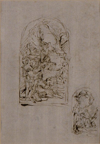 Skisser till ett altare med S:ta Margareta av Cortona, S:t Sebastian och S:t Roch (recto); Två skisser till ett altare (verso) av Giovanni Battista Piazzetta