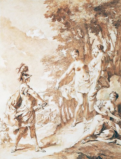 Tancredi på tröskeln till den förtrollade skogen, scen från Jerusalem levererat av Torquato Tasso, av Giovanni Battista Piazzetta (1682-1754), sangvinsk av Giovanni Battista Piazzetta