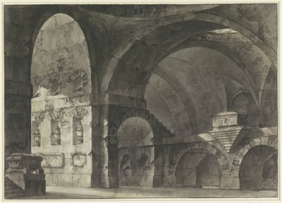 Interiör av en stor antik byggnad med tunnvalv och en kupolunderbyggnad av Giovanni Battista Piranesi (attributed to)