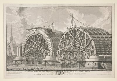 En vy av en del av den tänkta bron vid Blackfriars, London, i augusti MDCCLXIII av Robert Mylne, arkitekt, graverad av Piranesi i Rom av Giovanni-Battista Piranesi