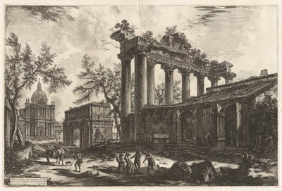 Altra Veduta degli avanzi del Pronao del Tempio del Concordia (En annan vy av resterna av Pronaos av Concordtemplet [Saturnustemplet med Septimius Severus båge i vänster bakgrund]), från Vedute di Roma (Utsikt över Rom) av Giovanni-Battista Piranesi