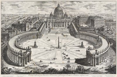 Vy över den berömda Vatikanbasilikan med bred portik och angränsande förgård av Giovanni Battista Piranesi