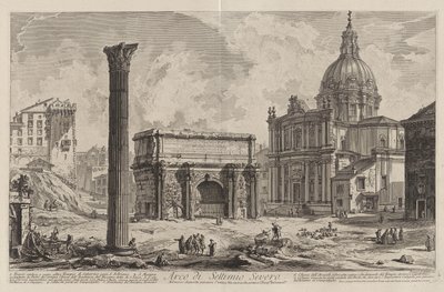 Septimius Severus båge. Genom dess mitt gick den antika Via Sacra, som förde segrarna till Kapitolium (med kyrkan Santi Martina e Luca) av Giovanni Battista Piranesi