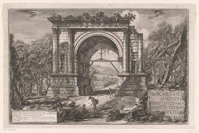 Boog van Augustus te Aosta Utsikt över bågen byggd för att hedra Augustus nära staden Aosta i Piemonte, tidigare Augusta Praetoria Salassorum (titel på objektet) Någon ansikte öppen dörr Rominbyggd triomfbogen och andra monument (serier av Giovanni Battista Piranesi