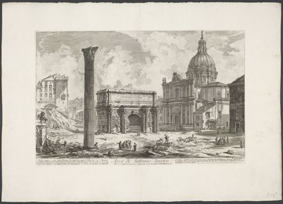 Boog van Septimius Severus på het Forum Romanum Arch of Septimius Severus (...) (titel på objekt) Gezichten op Rome (serietitel) Utsikt över Rom designad och graverad av Giambattista Piranesi-arkitekten Ve (nez) iano (serietitel) av Giovanni-Battista Piranesi