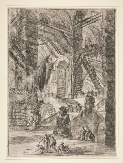 Carceri, VIII: Trappan med troféer av Giovanni Battista Piranesi