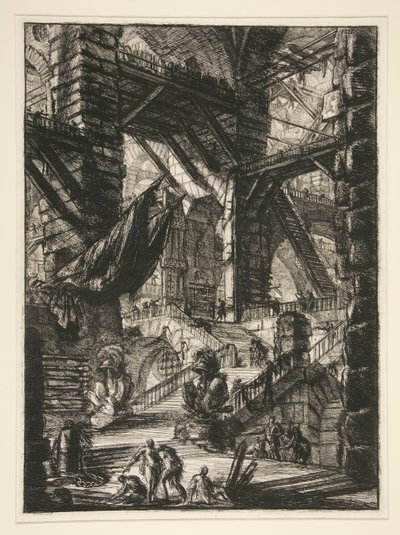 Carceri, VIII: Trappan med troféer av Giovanni-Battista Piranesi