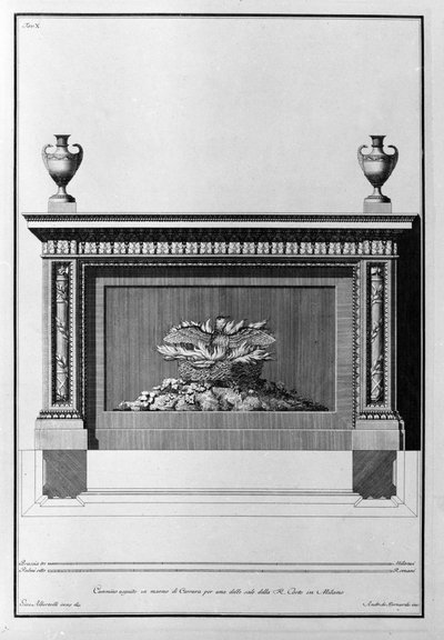 Projekt eines Kamins aus Carrara-Marmor für ein Mailänder Wohnzimmer. Zeichnung von Giovanni Piranesi (1720-1778) von Giovanni Battista Piranesi