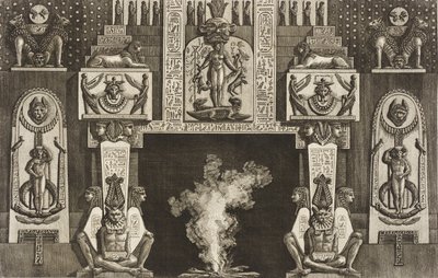 Eldstad i egyptisk stil: grupper om tre hukande figurer på varje dörrpost av Giovanni Battista Piranesi