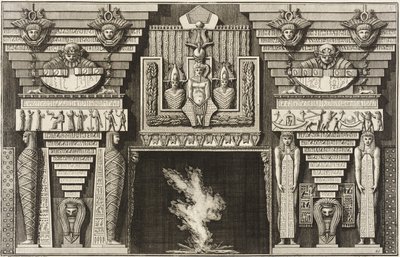 Eldstad i egyptisk stil: två mumier i profil till vänster och två figurer som bär obelisker till höger. av Giovanni Battista Piranesi