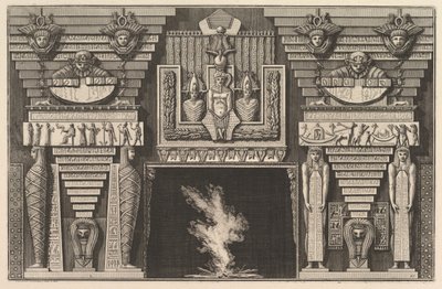 Skorstensstycke i egyptisk stil: Två mumier i profil till vänster och två figurer..., ca. 1769. av Giovanni Battista Piranesi