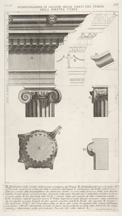 Gesims och kolonn från Temple of Fortuna Virilis Tempio della Fortuna Virile, från ..., 1756. av Giovanni Battista Piranesi