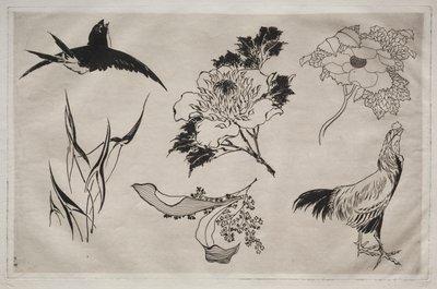 Middagsservering (Rousseau-servering): Svala, tupp och blommor (nr 8) av Giovanni-Battista Piranesi