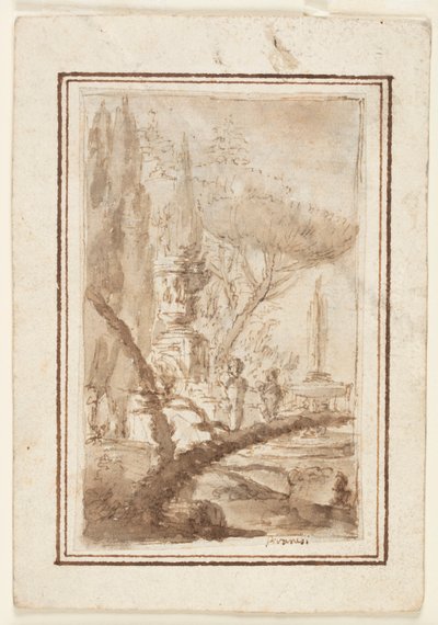Fantasi om en trädgård med en monumental urna, skulpturer och en fontän av Giovanni-Battista Piranesi
