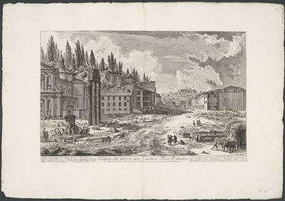 Forum Romanum med de Tempel van Jupiter Stator te Rome Utsikt över platsen, där det antika Forum Romanum låg (titel på objekt) Gezichten op Rome (serietitel) Utsikt över Rom designad och graverad av Giambattista Piranesi-arkitekten Ve (nez) iano (serietite av Giovanni-Battista Piranesi